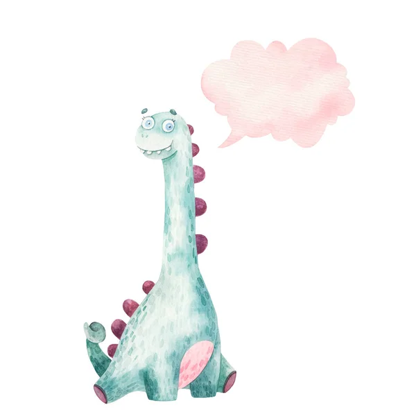 Χαριτωμένο Δεινόσαυρος Μακρύ Λαιμό Και Σκέψη Εικονίδιο Σύννεφο Παιδιά Ακουαρέλα — Φωτογραφία Αρχείου