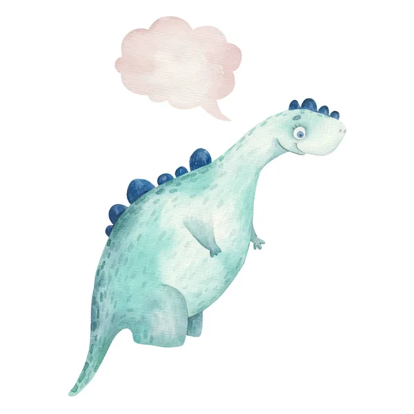 Mignon Dino Souriant Icône Pensée Nuage Illustration Pour Enfants Aquarelle — Photo