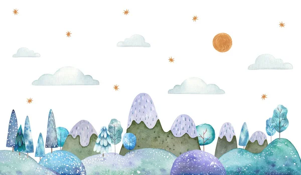 Winter Landschap Bomen Bergen Aquarel Kinderen Illustratie Een Witte Achtergrond — Stockfoto