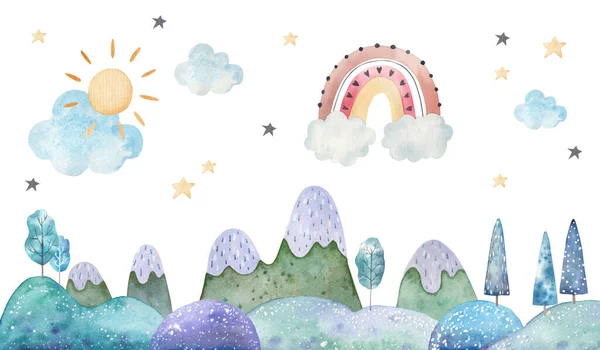 Winter Landscape Trees Mountains Clouds Stars Watercolor Childrens Illustration White — Stock Photo, Image