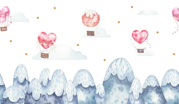 Χειμερινό Τοπίο Βουνά Και Μπαλόνια Ακουαρέλα Παιδική Απεικόνιση Λευκό Φόντο — Φωτογραφία Αρχείου