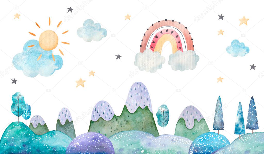 winter landscape, trees, mountains, clouds and stars watercolor childrens illustration on a white background, nursery room decor, print layeres