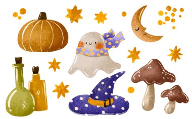 Cadılar Bayramı koleksiyonunda hayalet büyücü, poz, bal kabağı, mantar var. İzole edilmiş arka planda elle çizilmiş suluboya çizimi. Sonbahar Ekim tatili