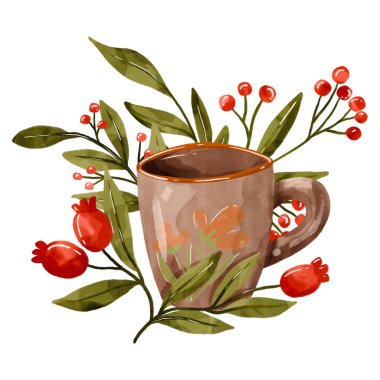 Bir fincan çay ve dekoratif yeşil dallarla sonbahar tasarımı. El çizimi izole illüstrasyon 