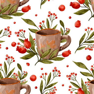 Bir fincan çay ve dekoratif yeşil dallarla sonbahar pürüzsüz deseni. El çizimi izole bir resim. Sonbahar bitkileri sonsuz arka plan. Suluboya izi
