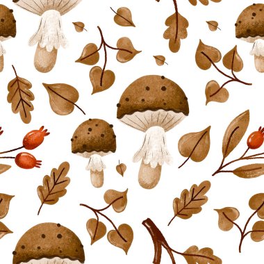 Sonbahar mantarları ve orman yaprakları pürüzsüz bir iz bırakır. Elle çizilmiş suluboya sonbahar soyutlanmış arka plan. Eylül tekstil tasarımı. Kasım Şükran Günü
