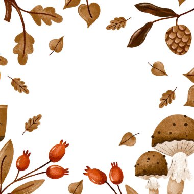 Kare tebrik kartı sonbahar orman yaprakları. Elle çizilmiş suluboya sonbahar kartı izole edilmiş arka plan. Eylül, Ekim, Kasım Şükran Günü