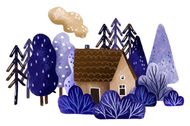 Kış karlı manzara kompozisyonu. Orman kartı. Aralık ayı suluboya koleksiyonu