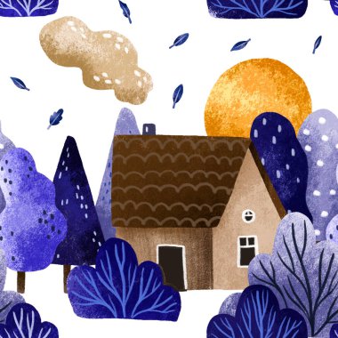 Kusursuz desenli kış karlı manzarası ve güneş ormanı Aralık ayında suluboya arka plan çizilmiş. Noel tasarımı. Köy