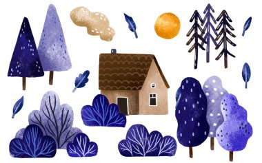 Kış manzaralı eller suluboya koleksiyonu çizdi