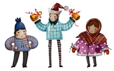 Ukrainian kids celebrate christmas winter holidays. Children vertep sing carols. Merry christmas holidays hand drawn illustration