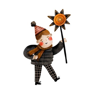 Ukrainian boy celebrate Christmas. Ukraine Malanka, Vertep sing Carol song. Hand drawm winter holidays illustration. Happy 25 december holidays. Kiev traditions