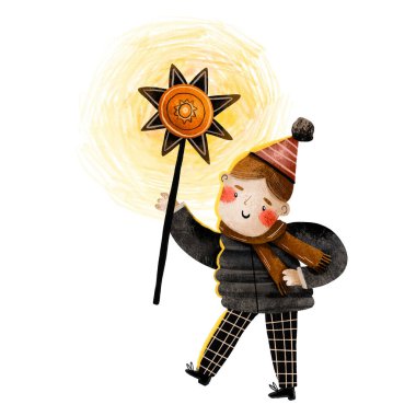 Ukrainian boy and star celebrate Christmas. Ukraine Malanka, Vertep sing Carol song. Hand drawm winter holidays illustration. Happy 25 december holidays 