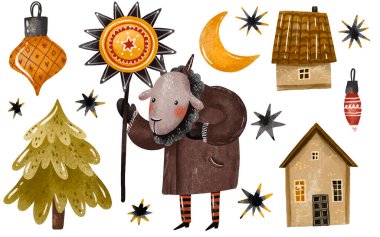 Ukrayna 'da Noel geleneği. Xmas çizgi film illüstrasyonu. Slavik Malanka Kolyadka. İzole edilmiş arkaplanda elle çizilmiş şarkılar