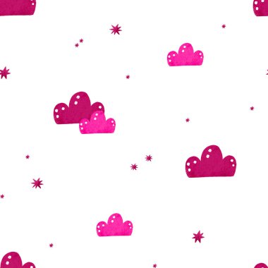 Kusursuz desenli basit pembe çizgi film gökyüzü bulutları. Yenidoğan Çocuk Eli arka plan çizmiş. Bebek bakımı tasarımı, baskı, tekstil