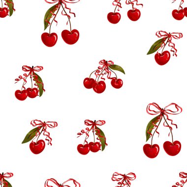 Seamless pattern Sweet red cherry with vintage ribbon bows collection. Valentine day love design. Girly romantic hand drawn illustration . Endless background