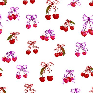 Seamless pattern Sweet red cherry with vintage ribbon bows collection. Valentine day love design. Girly romantic hand drawn illustration . Endless background. Textile, wrapp, paper