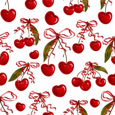 Seamless pattern Sweet red cherry with vintage ribbon bows collection. Girly romantic hand drawn illustration . Endless background