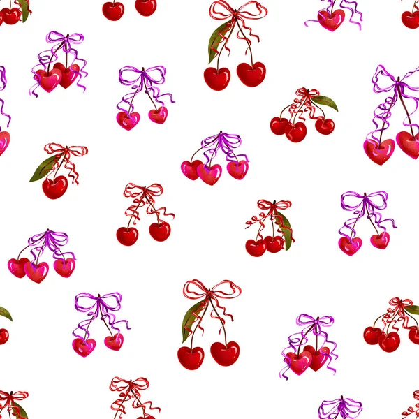 Seamless pattern Sweet red cherry with vintage ribbon bows collection. Valentine day love design. Girly romantic hand drawn illustration . Endless background. Textile, wrapp, paper