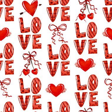 Kusursuz desenli pembe aşk yazıları, kız gibi yaylar, kalpler. Sevgililer Günü için el çizimi sonsuz arkaplan