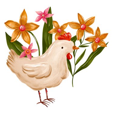 Altın Çiçekli El Boyalı Kırsal Tavuk Halk Sanatı Çizimi