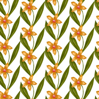 Yeşil Yapraklı Elle Çizilmiş Kusursuz Turuncu Çiçek Deseni