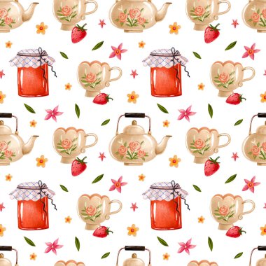 Çilekli Jam Çaydanlığı ve Çiçekli Fincanlar El Boyalı Çizimleri ile Kusursuz Vintage Çay Deseni