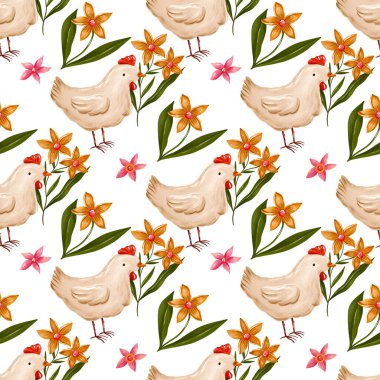 Elle boyanmış suluboya kusursuz desenli tavuk ve çiçeklerle kırsal çiftlik evi çizimi