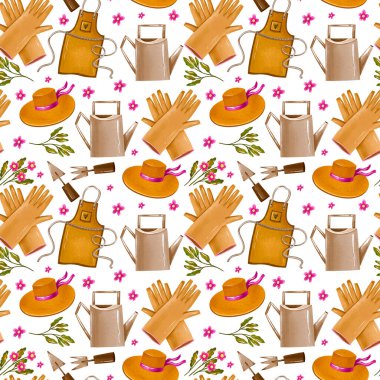 Kusursuz el çizimi bahçe deseni şapka eldivenleri önlük su kutuları ve pembe çiçeklerin bahar bahçesi arka planı.