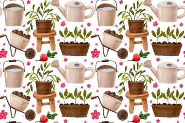 Su dolu saksı bitkileri ve el arabası kumaş paketleme ve ev dekorasyonu için mükemmel olan kusursuz el yapımı bahçe deseni.