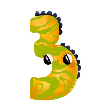 3 numaralı mutlu yeşil dinozor suluboya çizimi. Bebek odası posterleri ve çocuk odası dekorasyonu için üçüncü ay bebek için kilometre taşı kartı.