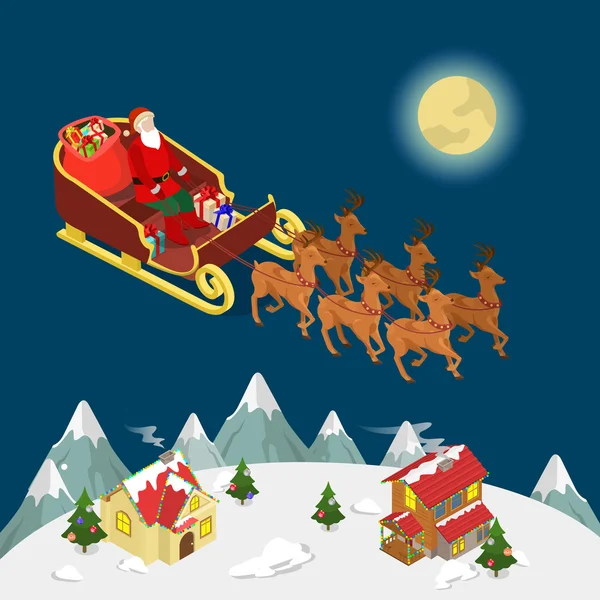 Santa Claus montando trineos de renos — Vector de stock