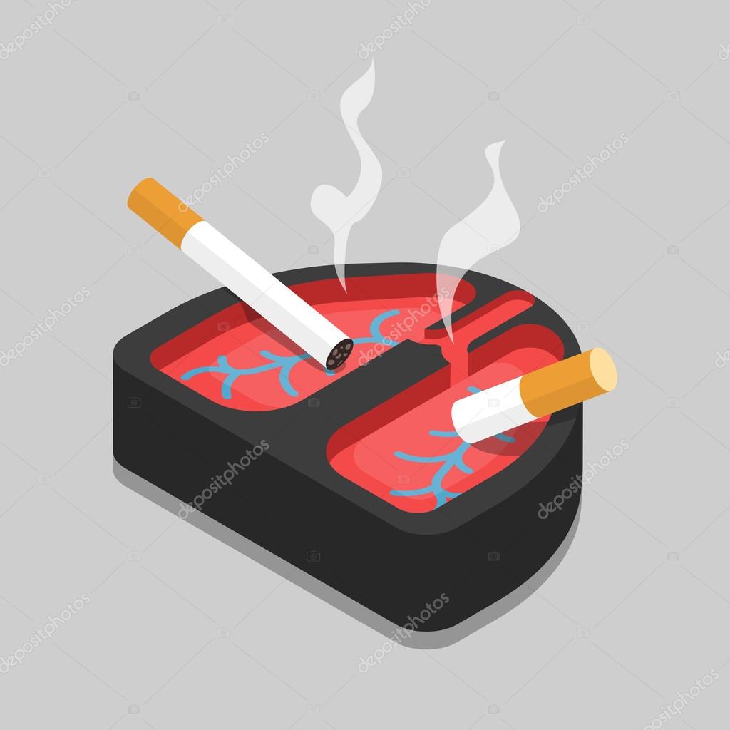 Aschenbecher mit brennender Zigarette auf blauem Hintergrund