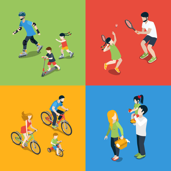 Flat 3d isometric family outdoor sports 