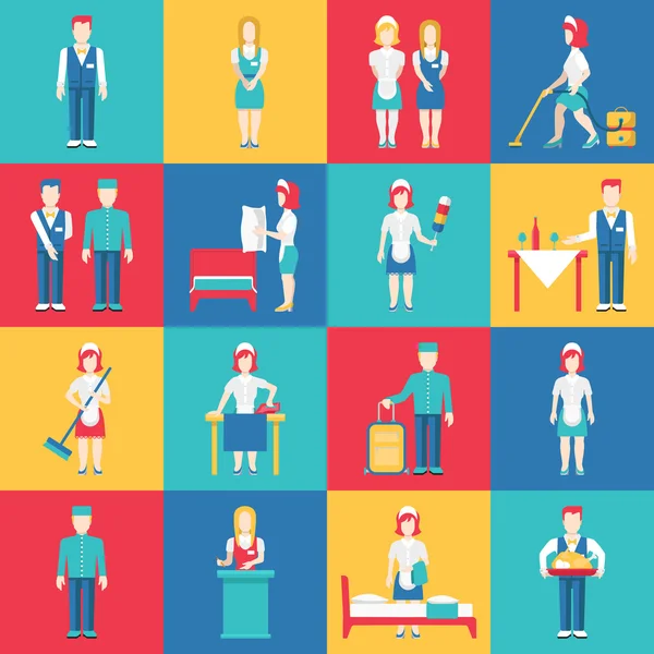 Serviceman servicewoman service business people flat style vector icon set. Porter camarera de limpieza de limpieza lavandera lavandera lavandera hotel restaurante gerente portero . — Archivo Imágenes Vectoriales