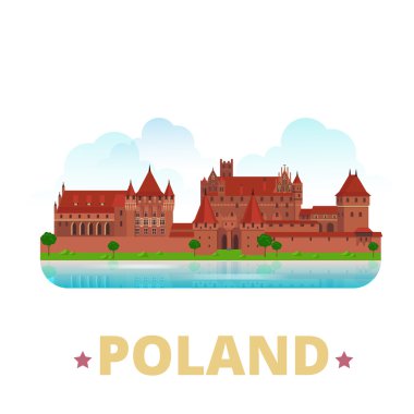 Polonya ülke buzdolabı mıknatıs tasarım şablonu. Düz karikatür tarzı tarihi görüş showplace web sitesi vektör illüstrasyon. Dünya tatil gezi Avrupa Koleksiyonu. Malbork Kalesi.