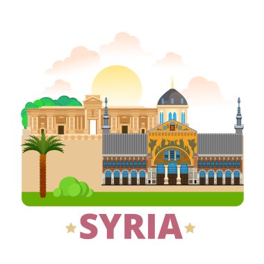 Suriye ülke buzdolabı mıknatıs tasarım şablonu. Düz karikatür tarzı tarihi görüş showplace web sitesi vektör illüstrasyon. Dünya tatil seyahat gezi Asya Asya koleksiyonu. Palmyra Emevi Camii.