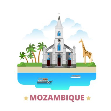 Mozambik ülke buzdolabı mıknatıs tasarım şablonu. Düz karikatür tarzı tarihi görüş showplace web sitesi vektör illüstrasyon. Dünya tatil seyahat gezi Afrika Afrika koleksiyonu. Beira Katedrali