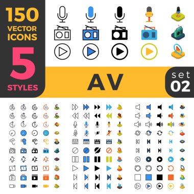 150 Av Audio Video medya büyük ui simge seti. 