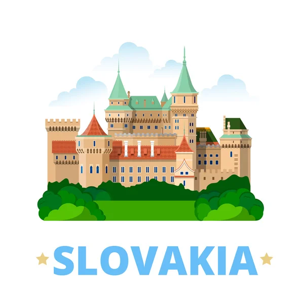 斯洛伐克国家冰箱磁铁设计模板。平面卡通风格历史景观展示网站矢量插图。世界度假旅游观光欧洲欧洲收藏。博伊尼斯城堡 — 图库矢量图片