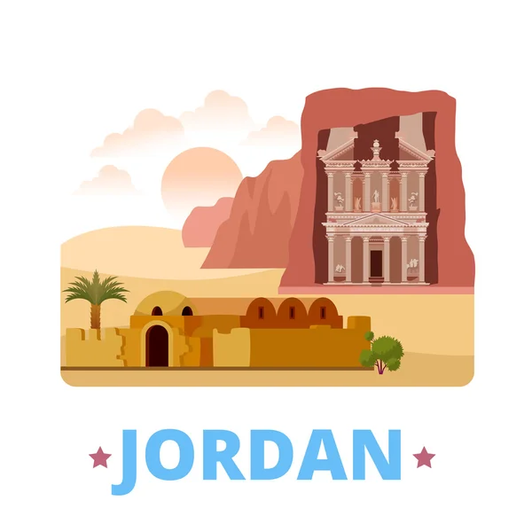 Jordánia ország hűtő mágnes tervezősablon. Flat rajzfilm stílusú történelmi látvány showplace weboldal vektoros illusztráció. Világ nyaralás utazás városnézés Ázsia-ázsiai gyűjtemény. Az Amra. — Stock Vector
