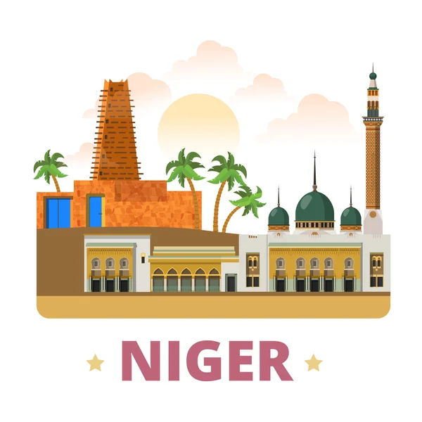 Niger land koelkast magneet ontwerpsjabloon. Platte cartoon stijl historische Sight showplace website vector illustratie. Wereld vakantie reizen sightseeing Afrika Afrikaanse collectie. Agadez Niamey moskee — Stockvector