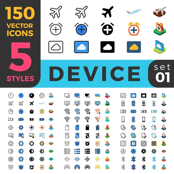 150 Device Wireless Network ui icon set. — Stock Vector