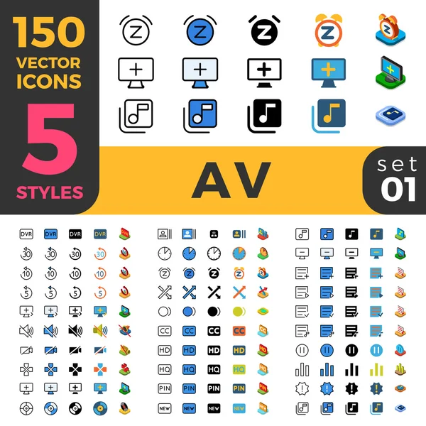 150 AV Audio Video gran conjunto de iconos ui . — Vector de stock