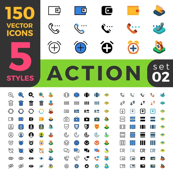 150 eylem ayarları kullanıcı arabirimi Icon set. — Stok Vektör