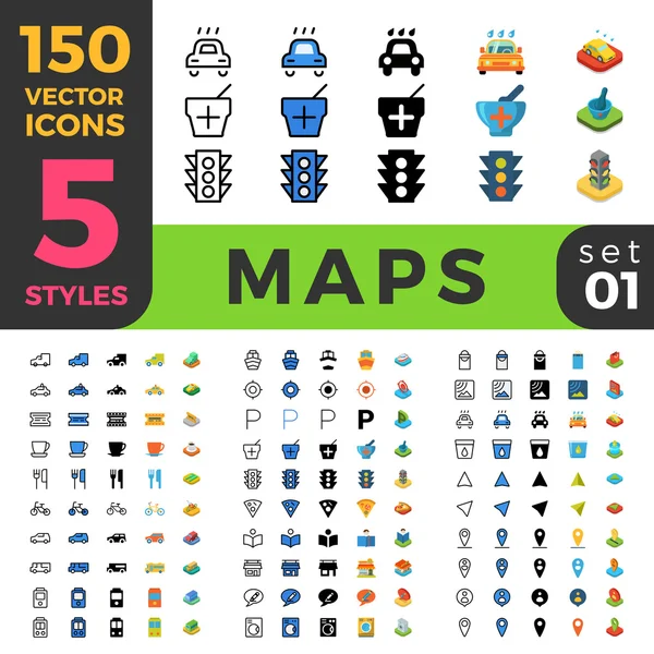 150 mapas conjunto de iconos de navegación . — Vector de stock