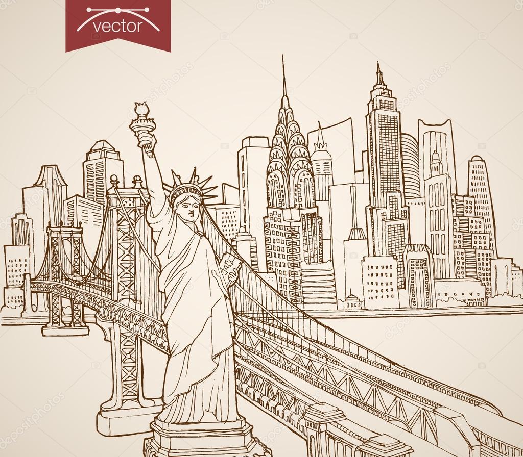 Sketch Statue of Liberty, Manhattan skyscrapers Stock Vector Image by ©Sentavio 117601672