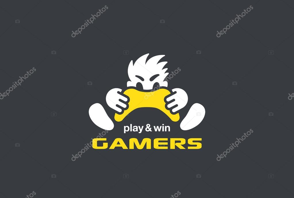Player Gamer holding Game-pad Joystick Logo design vector template Negative space style. Play computer video Game with Passion Rage funny Logotype concept