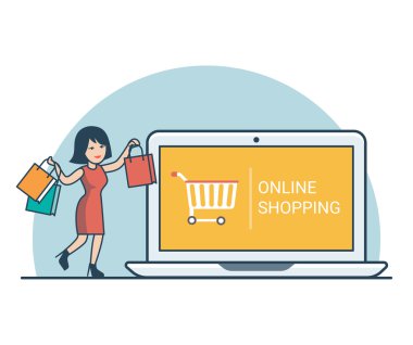 woman with purchase bags near huge laptop