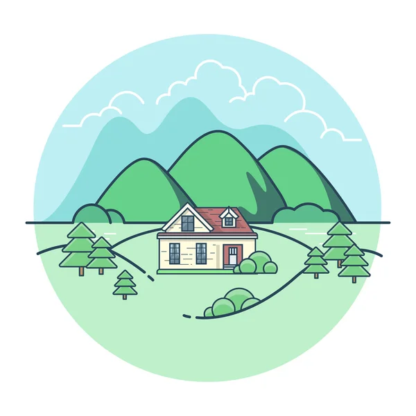 Bonita casa entre montañas y árboles — Vector de stock